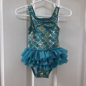 Cat & Jack Teal and Gold Mermaid Tulle Tutu One Piece Swimsuit Girls 12 Months